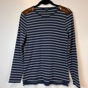 Lauren Ralph Lauren Navy White Striped Shirt with Brown Shoulder Zip Size Large
